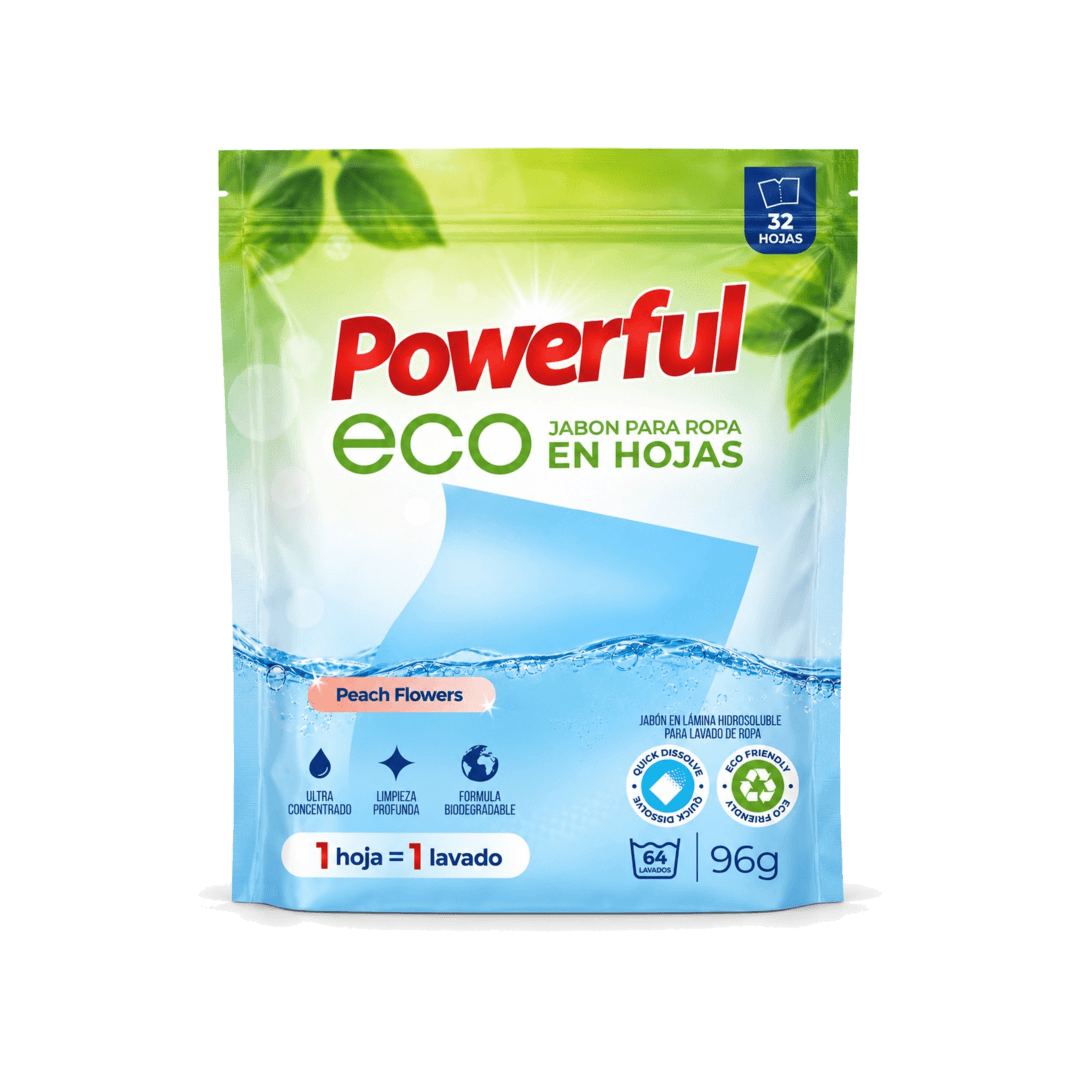 Powerful Eco, jabón para ropa en hojas